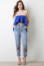 Floral Applique High Waisted Drawstring Denim Jeans - NoveltyOne