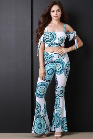 Bohemian Wheel Cold Shoulder Flare Pants Set