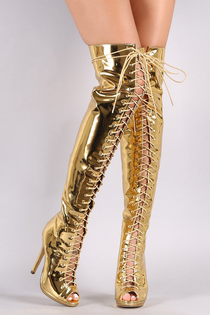 Liliana Mirror Metallic Lace Up Stiletto Over-The-Knee Boots