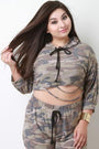 Distressed French Terry Camouflage Draped Hooded Crop Top - NoveltyOne