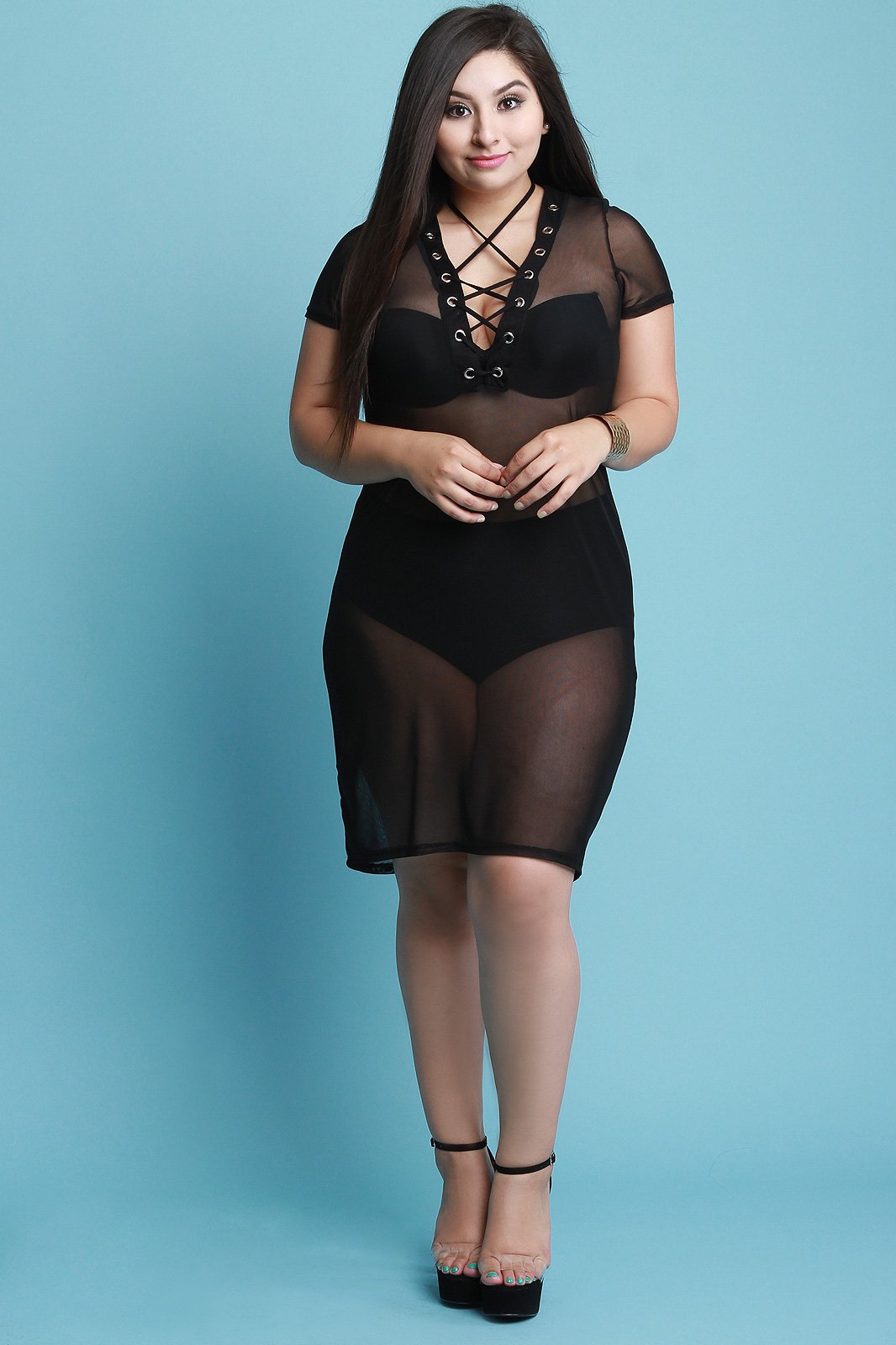 Lace Up Mesh Short Sleeve Cover Up Midi Dress