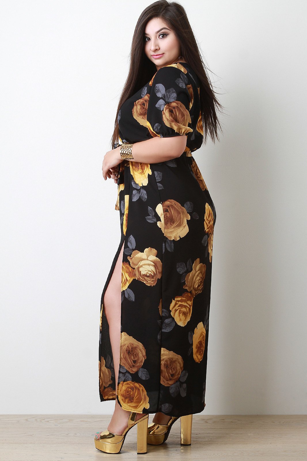 Surplice Floral Waist Sash Double Slit Maxi Dress