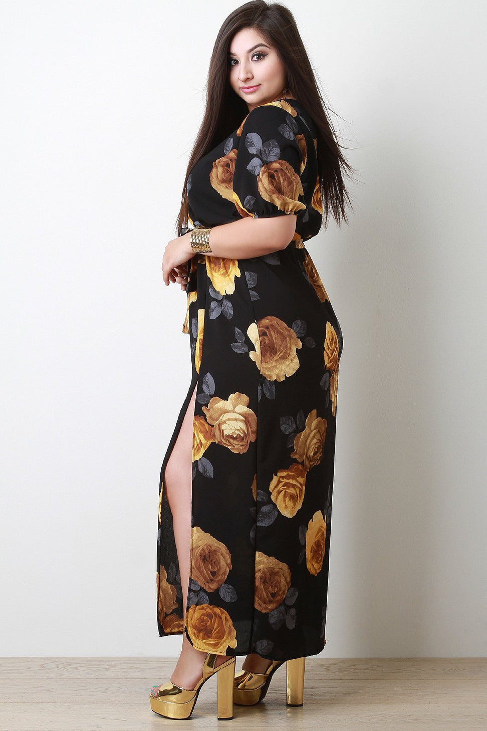Surplice Floral Waist Sash Double Slit Maxi Dress