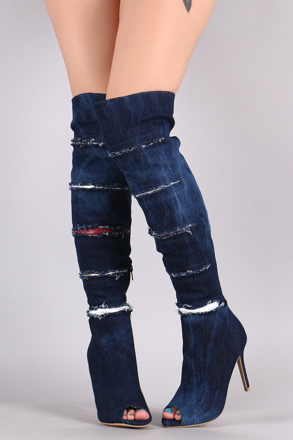 Shoe Republic LA Slashed Contrast Underlay Denim Stiletto Boots