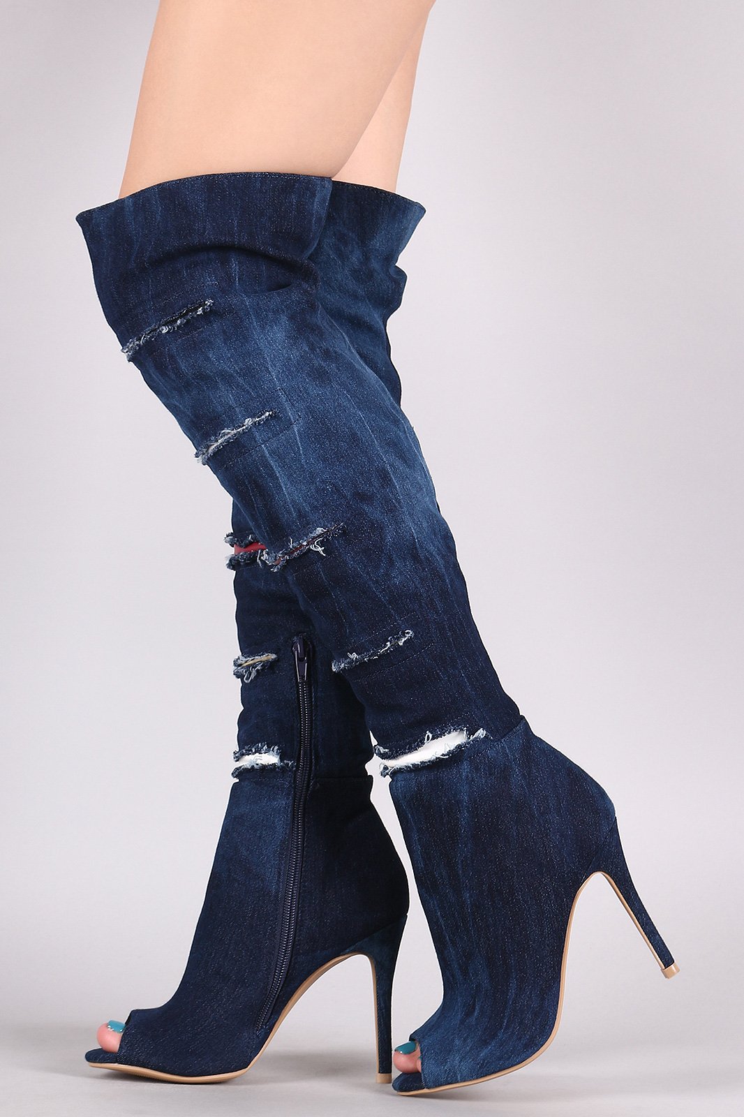 Shoe Republic LA Slashed Contrast Underlay Denim Stiletto Boots