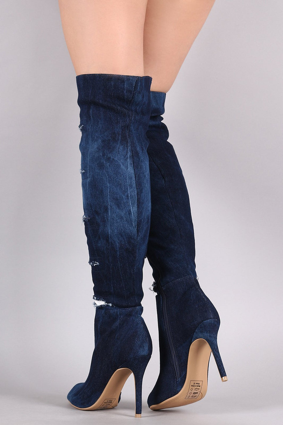 Shoe Republic LA Slashed Contrast Underlay Denim Stiletto Boots