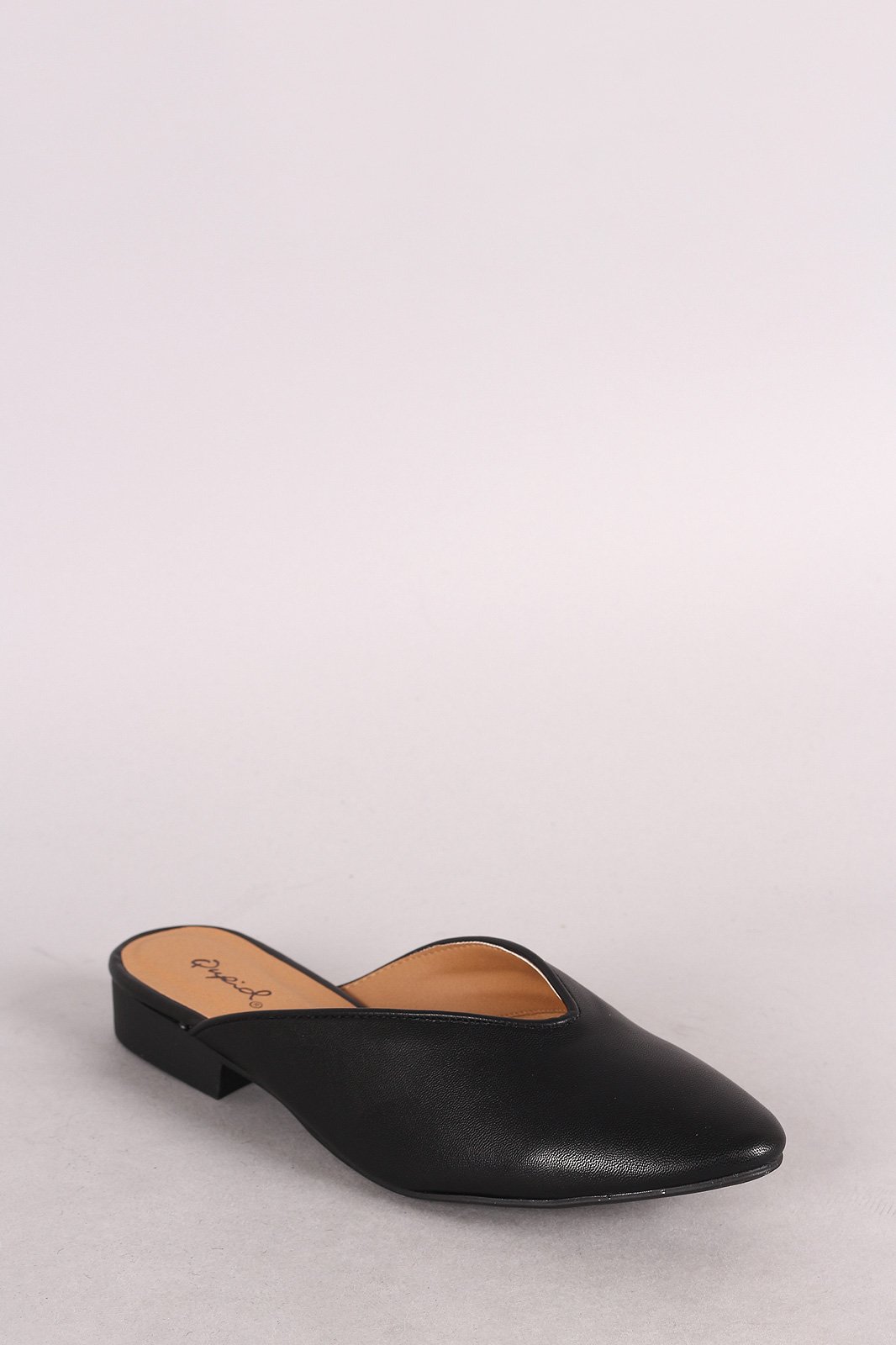 Qupid Leather Pointy Toe Mule Flat