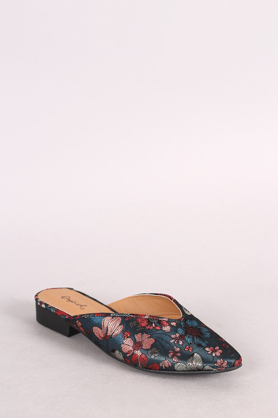 Qupid Satin Floral Brocade Pointy Toe Mule Flat