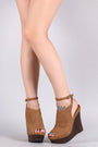 Qupid Nubuck Peep Toe Faux Wooden Platform Mule Wedge