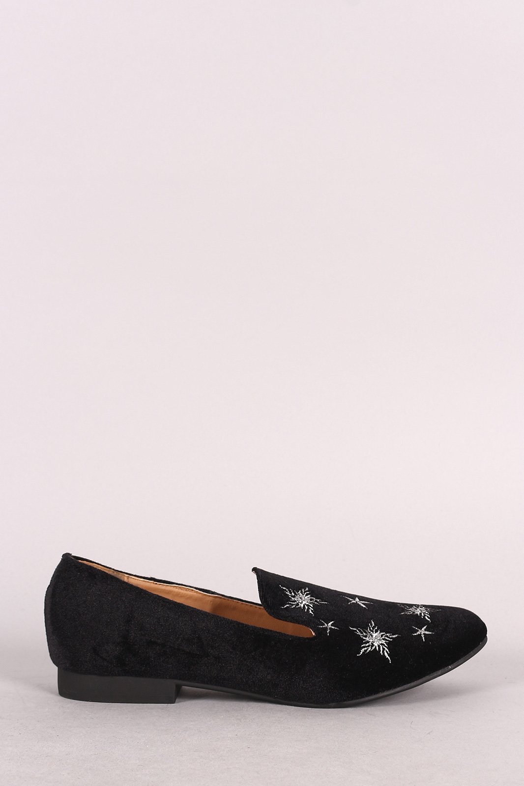 Qupid Velvet Star Embroidered Almond Toe Loafer Flat