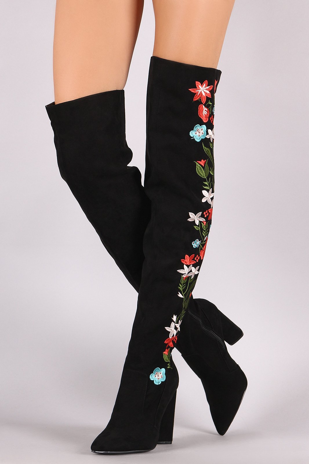 Qupid Suede Pointy Toe Chunky Heeled Over-The-Knee Boots