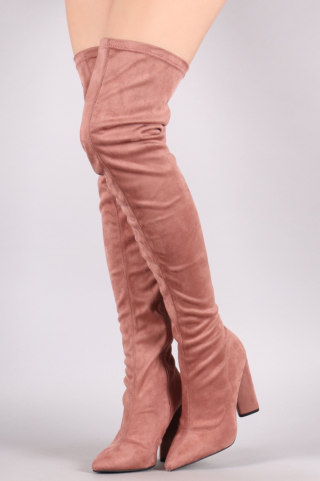 Qupid Suede Pointy Toe Chunky Heeled Over-The-Knee Boots