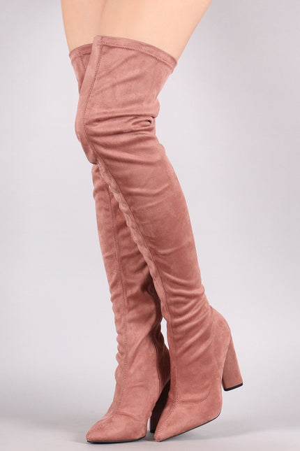 Qupid Suede Pointy Toe Chunky Heeled Over-The-Knee Boots