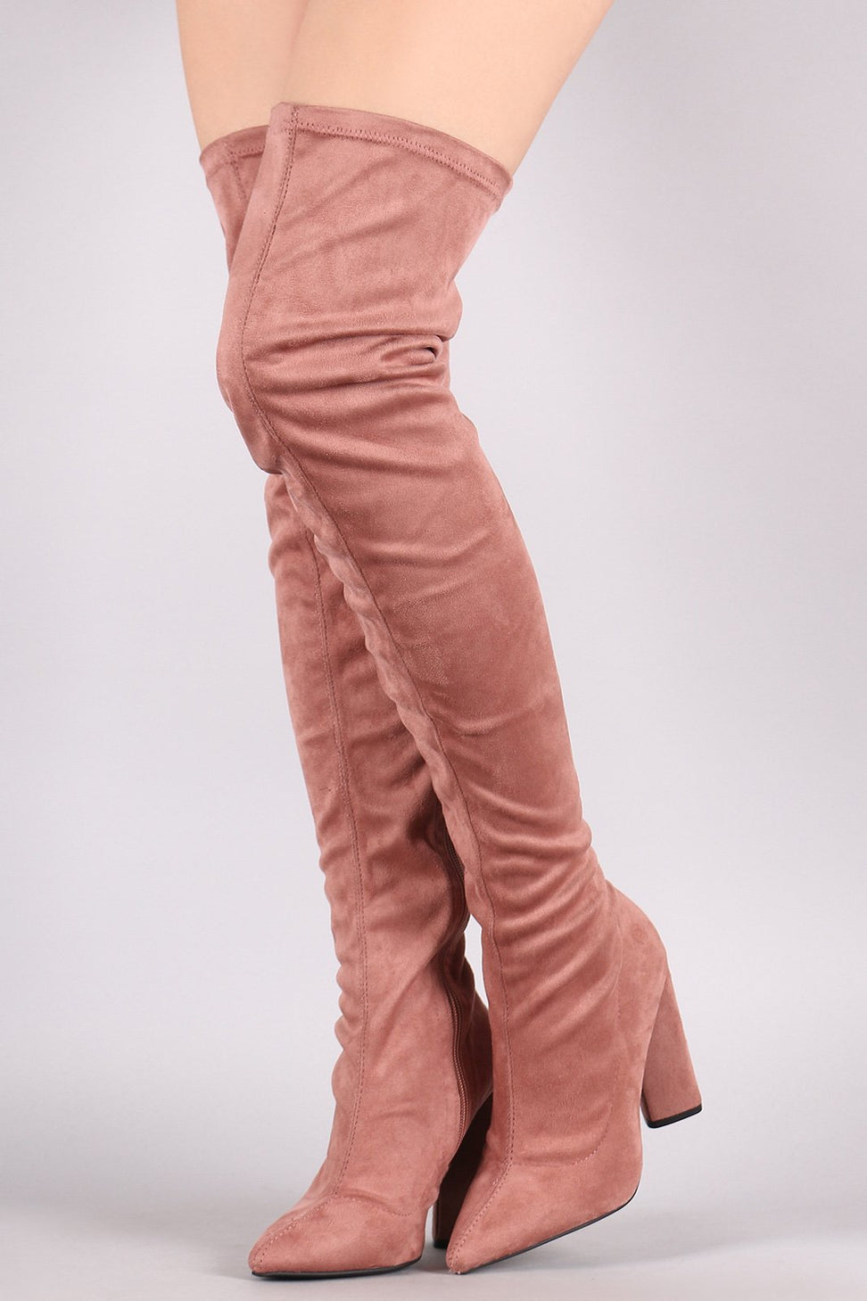 Qupid Suede Pointy Toe Chunky Heeled Over-The-Knee Boots