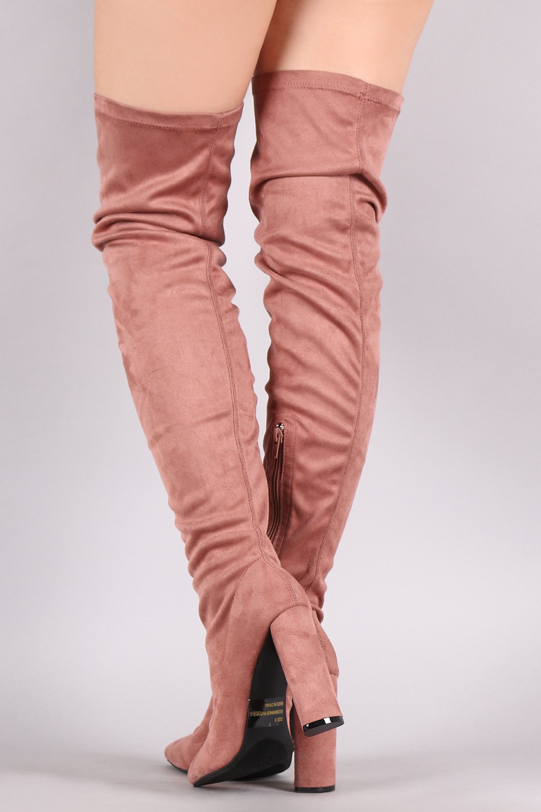 Qupid Suede Pointy Toe Chunky Heeled Over-The-Knee Boots