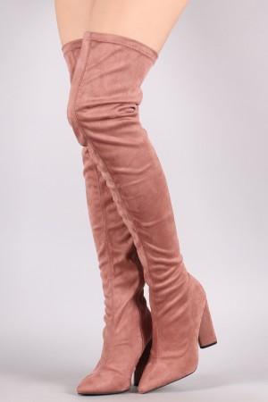 Qupid Suede Pointy Toe Chunky Heeled Over-The-Knee Boots