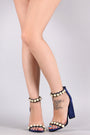 Qupid Faux Pearl Velvet Scalloped Ankle Strap Chunky Heel