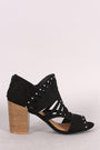 Qupid Suede Studded Peep Toe Cutout Chunky Heeled Booties