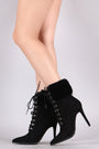 Qupid Suede Faux Fur Collar Stiletto Ankle Boots