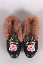 Leather Horsebit Floral Applique Faux Fur Slip-On Mule Flat