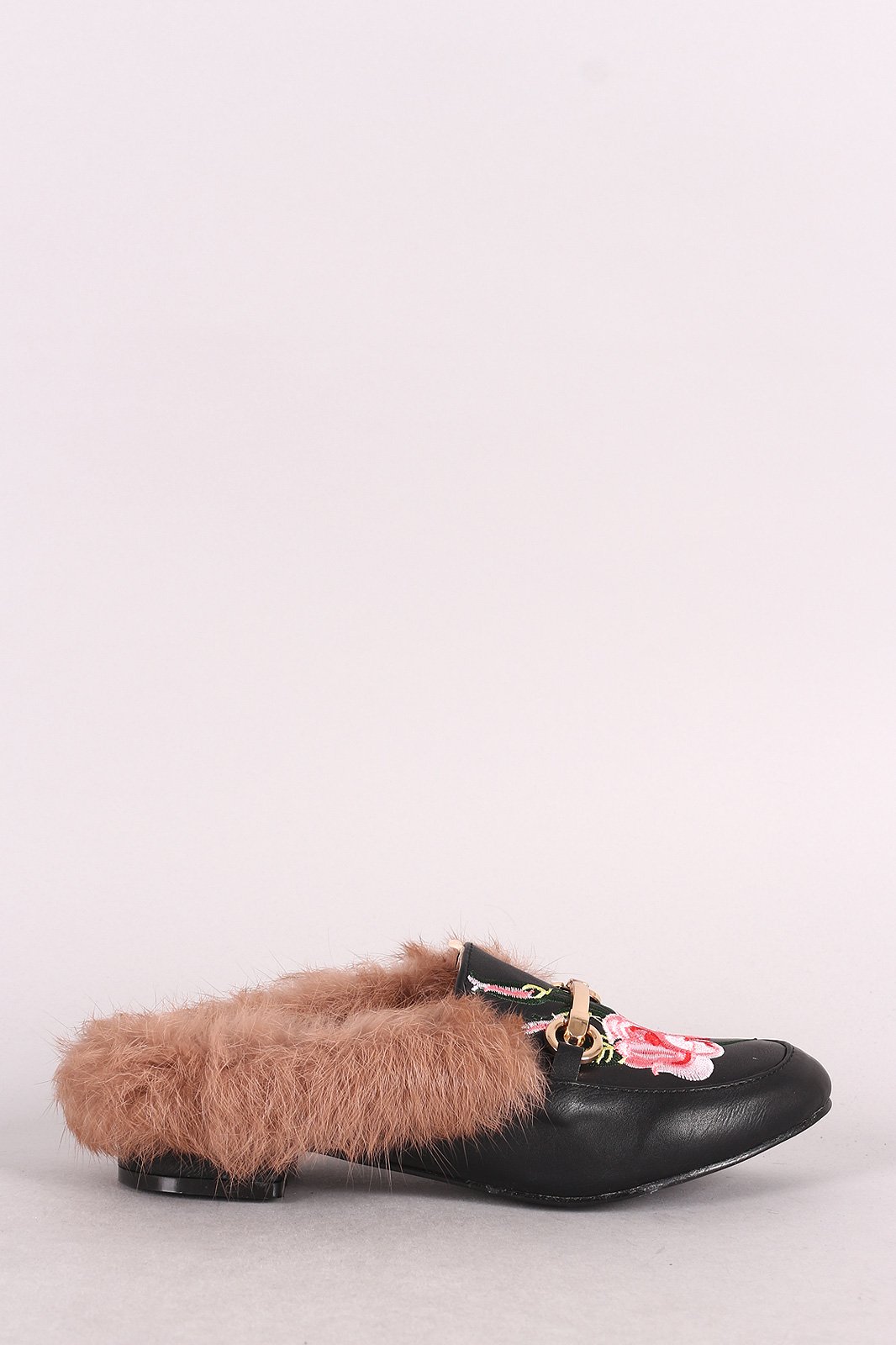 Leather Horsebit Floral Applique Faux Fur Slip-On Mule Flat