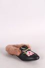 Leather Horsebit Floral Applique Faux Fur Slip-On Mule Flat