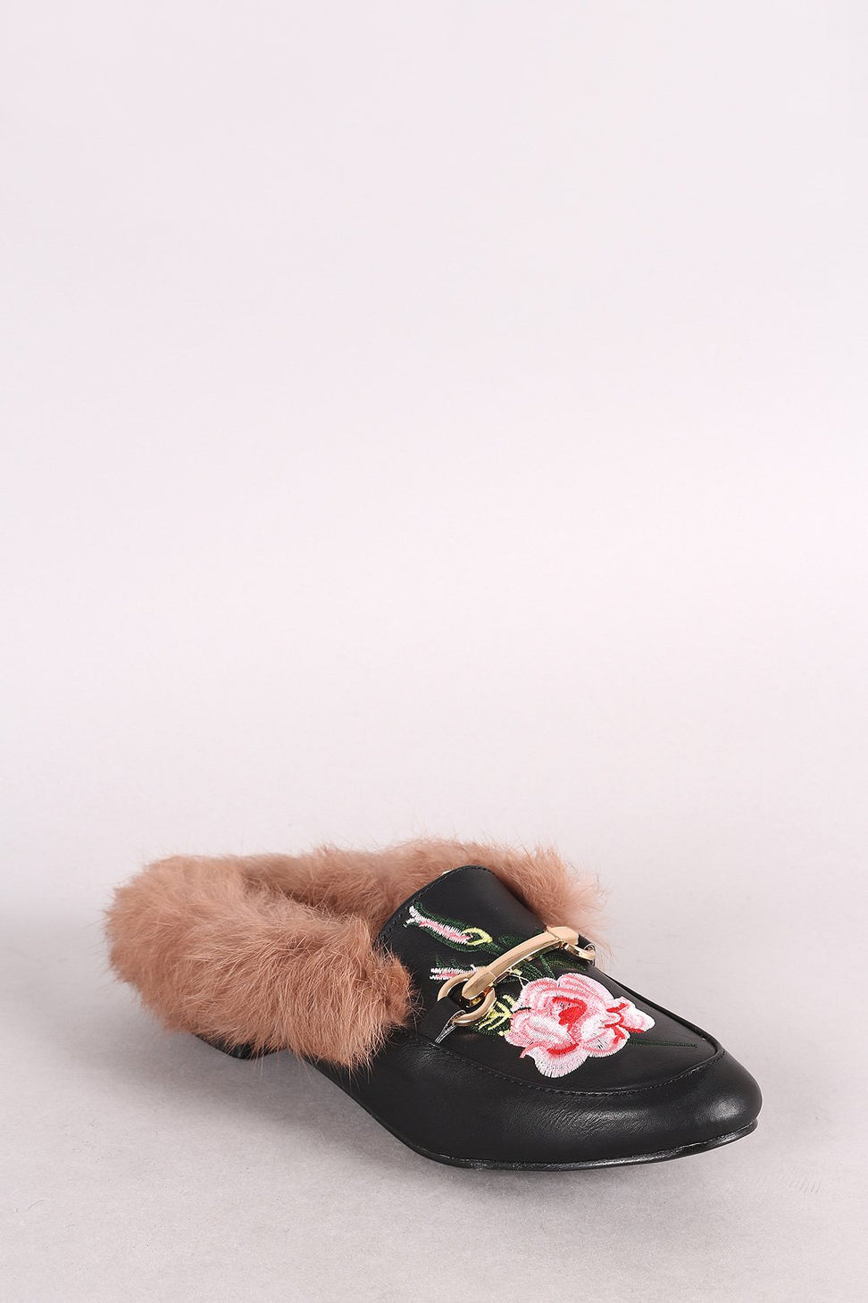 Leather Horsebit Floral Applique Faux Fur Slip-On Mule Flat