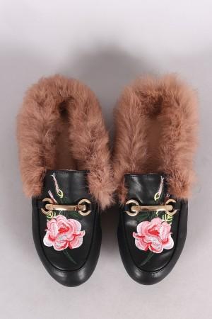 Leather Horsebit Floral Applique Faux Fur Slip-On Mule Flat