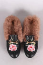 Leather Horsebit Floral Applique Faux Fur Slip-On Mule Flat