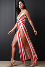 Stripe Double Slit Surplice Sleeveless Maxi Dress