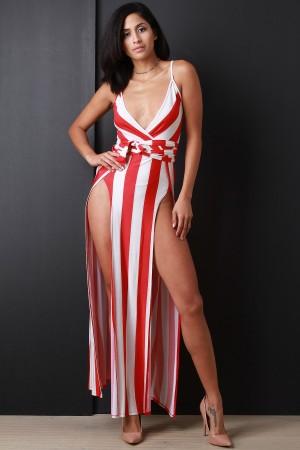 Stripe Double Slit Surplice Sleeveless Maxi Dress