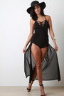Corset Lace-Up Front Slit Mesh Romper Dress