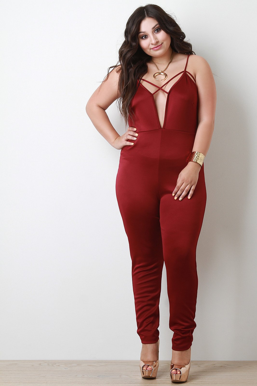 Strappy Plunge Neck Sleeveless Jumpsuit