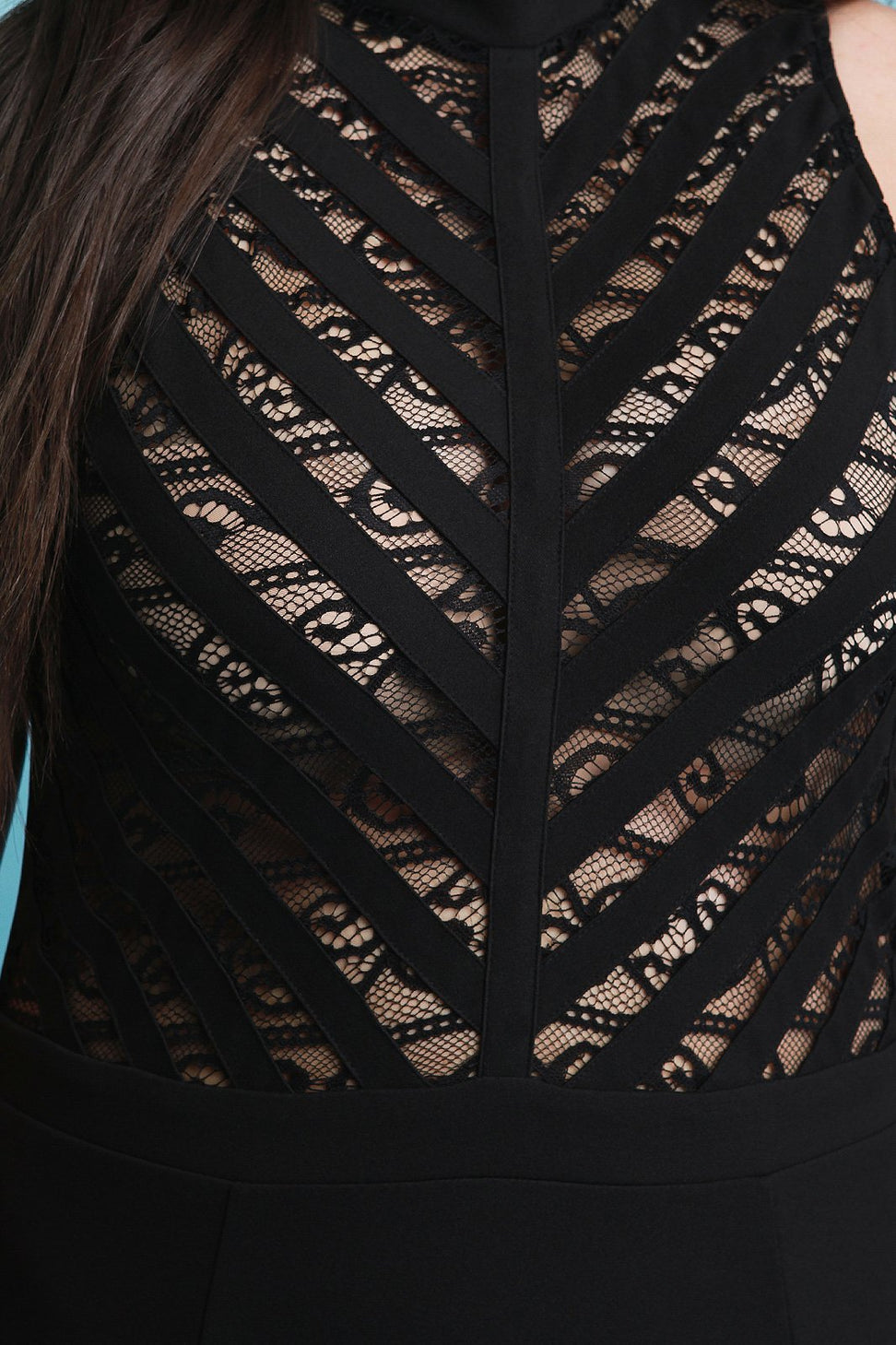 Mock Neck Stripe Lace Contrast Sheath Dress - NoveltyOne