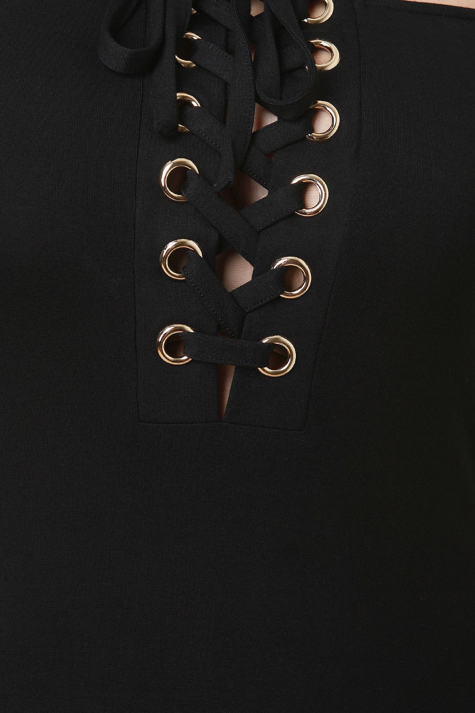 Lace Up Choker Off-The-Shoulder Midi Dress