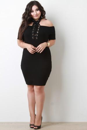 Lace Up Choker Off-The-Shoulder Midi Dress