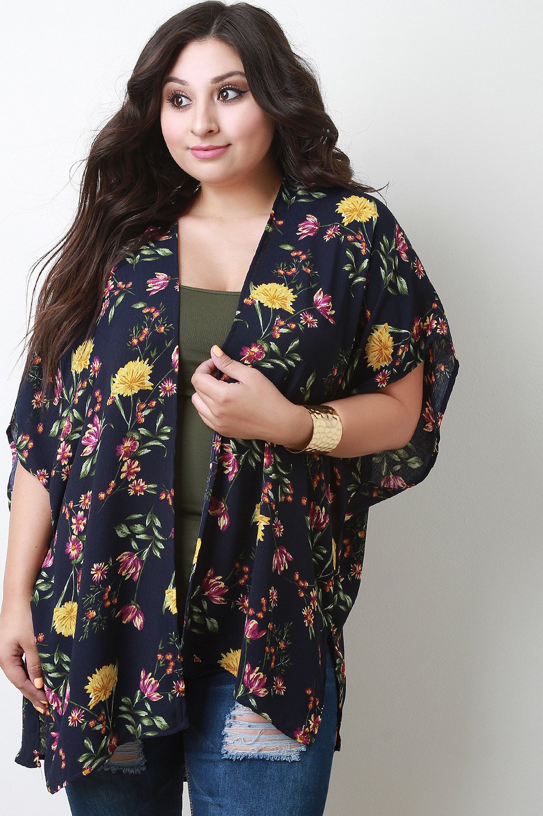 Floral Print High-Low Dolman Kimono
