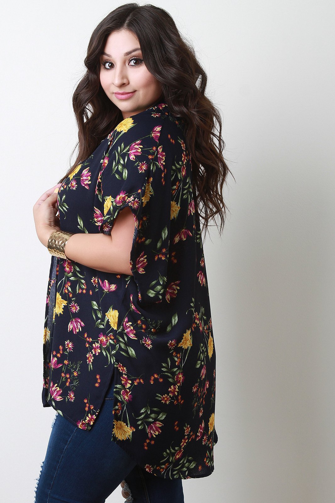 Floral Print High-Low Dolman Kimono