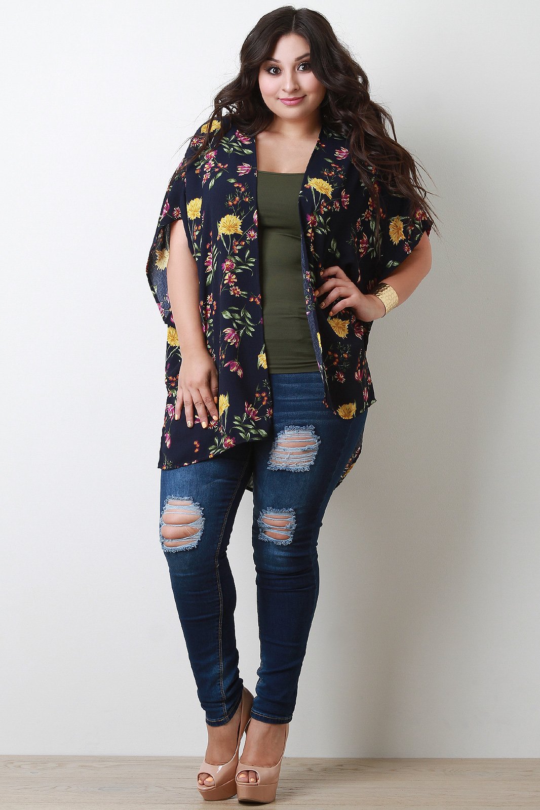 Floral Print High-Low Dolman Kimono