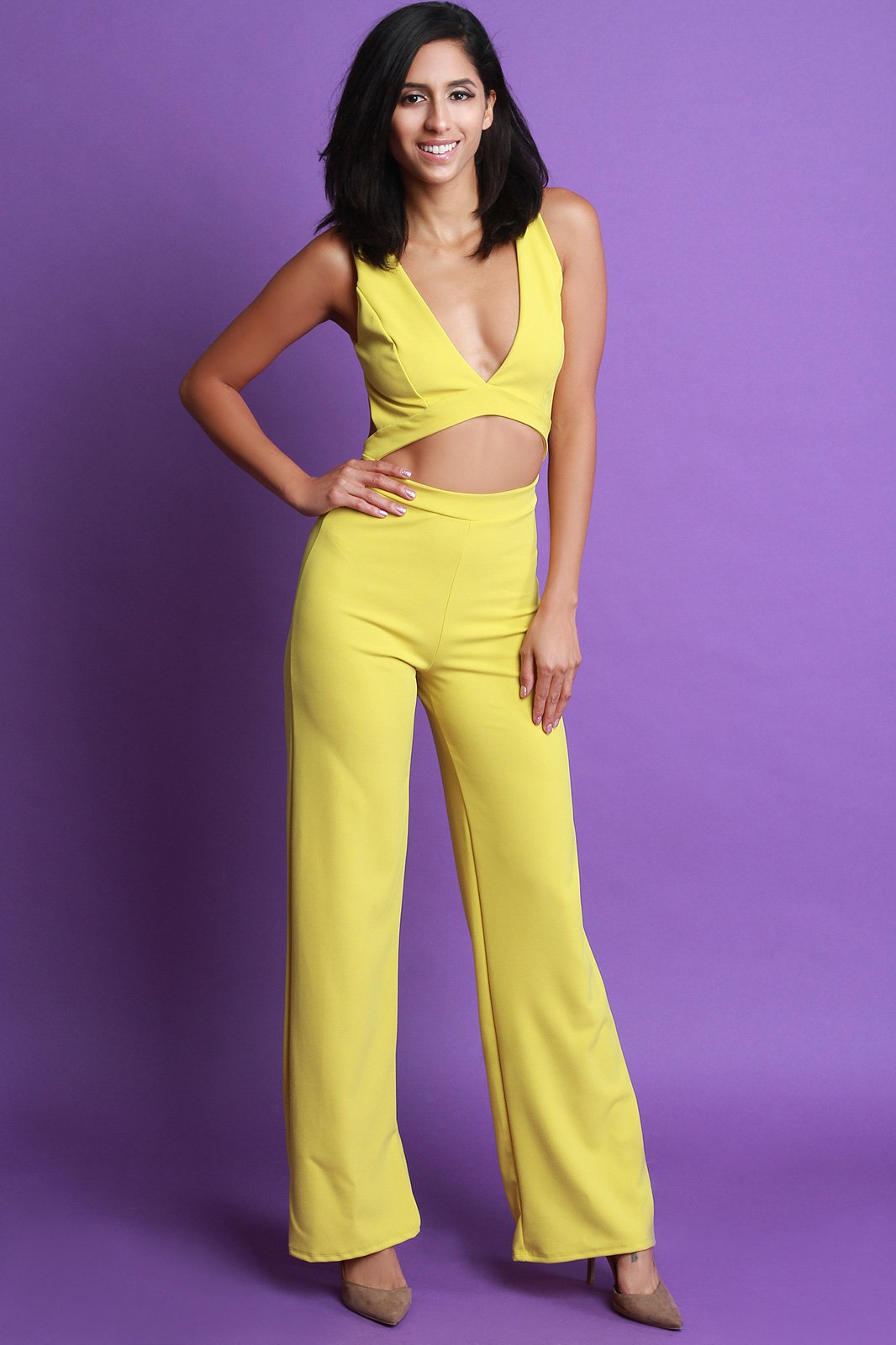 Sleeveless V-Neck Open Midriff Wide Leg Jumpsuit