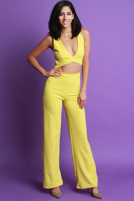 Sleeveless V-Neck Open Midriff Wide Leg Jumpsuit