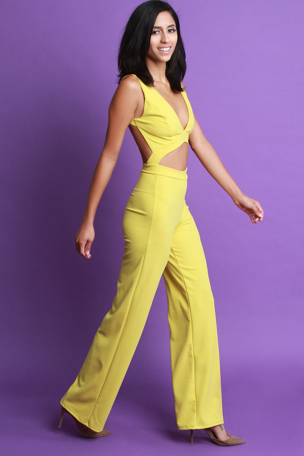 Sleeveless V-Neck Open Midriff Wide Leg Jumpsuit
