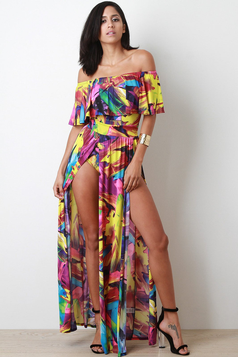Brushstrike Print M-Slit Bardot Maxi Dress