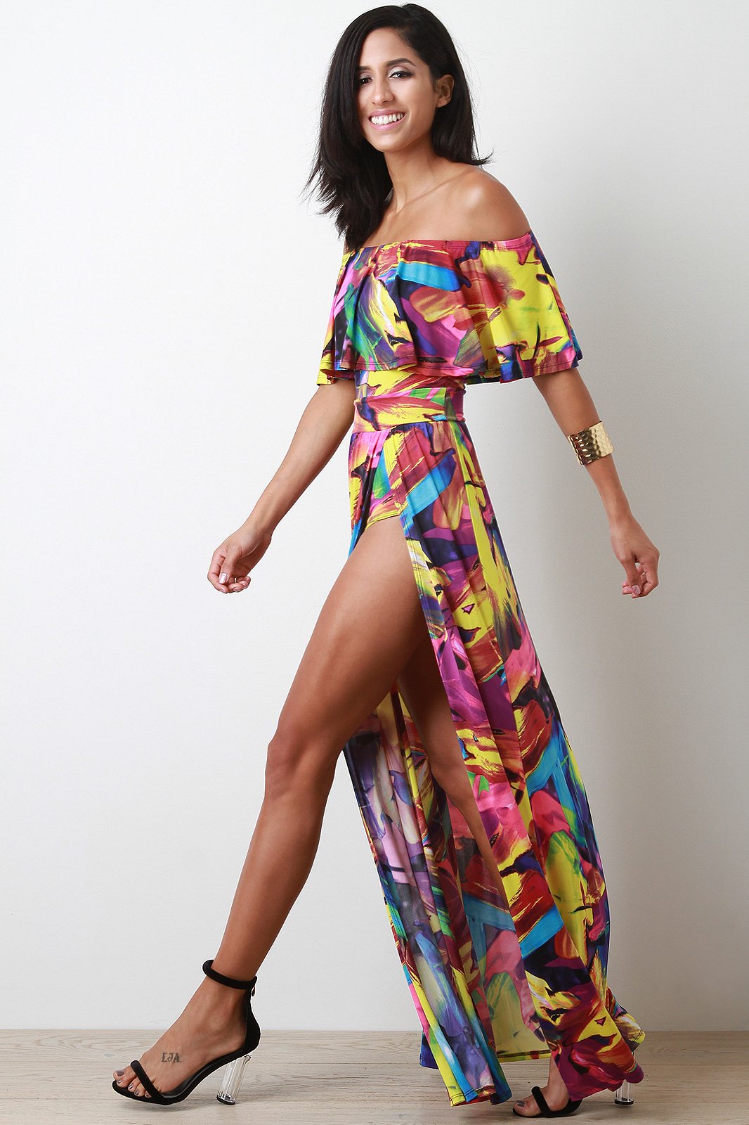 Brushstrike Print M-Slit Bardot Maxi Dress