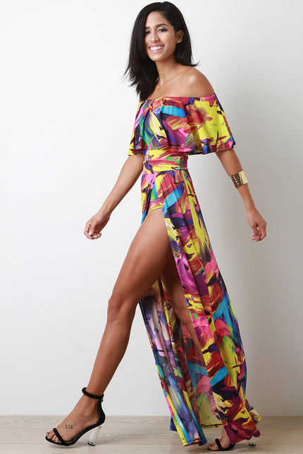 Brushstrike Print M-Slit Bardot Maxi Dress