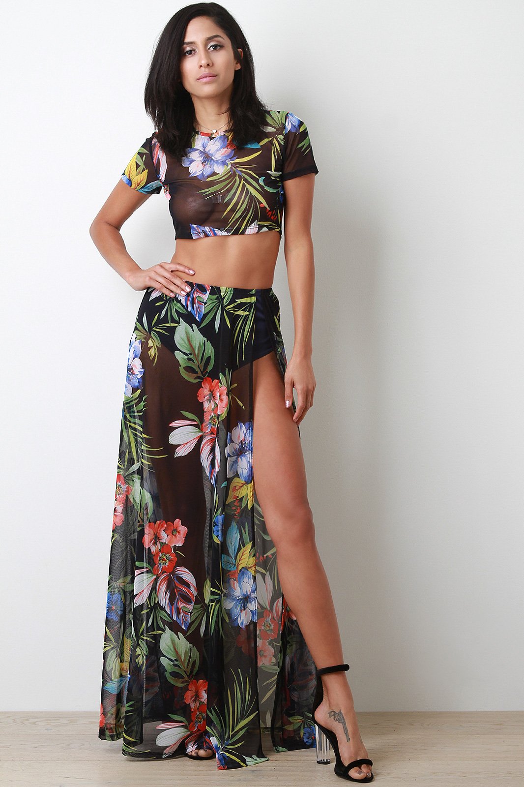 Tropical Print Mesh Short Sleeves Crop Top With Slit Maxi Skirt Set