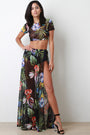 Tropical Print Mesh Short Sleeves Crop Top With Slit Maxi Skirt Set