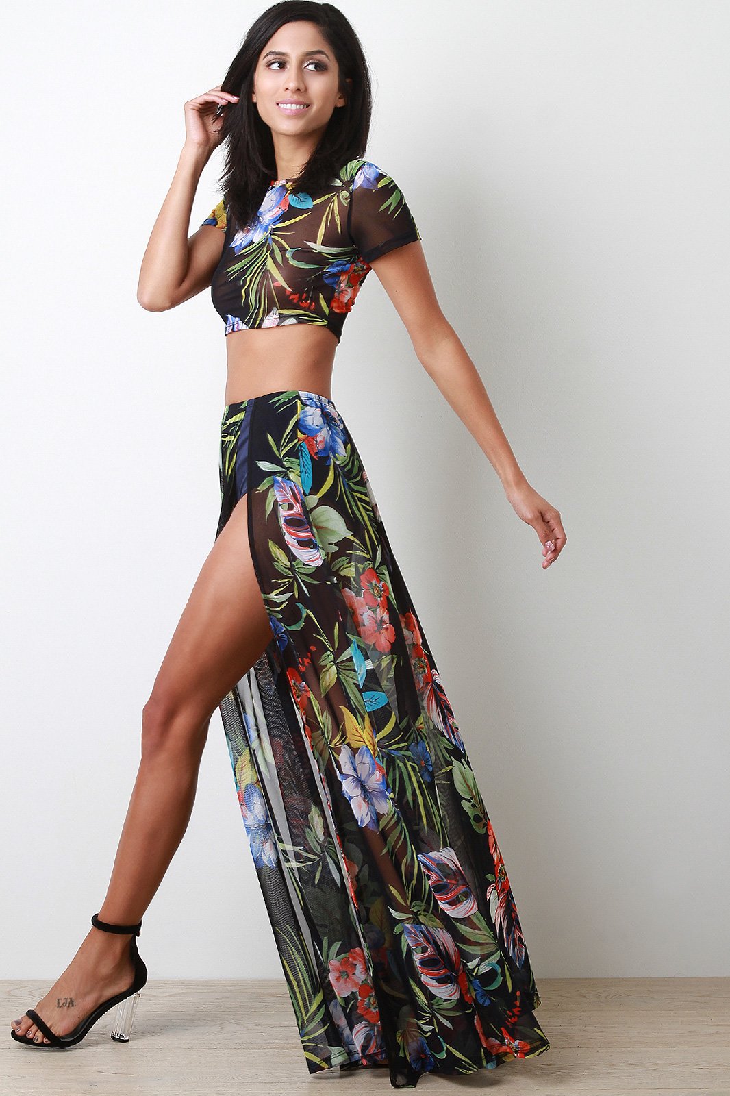 Tropical Print Mesh Short Sleeves Crop Top With Slit Maxi Skirt Set