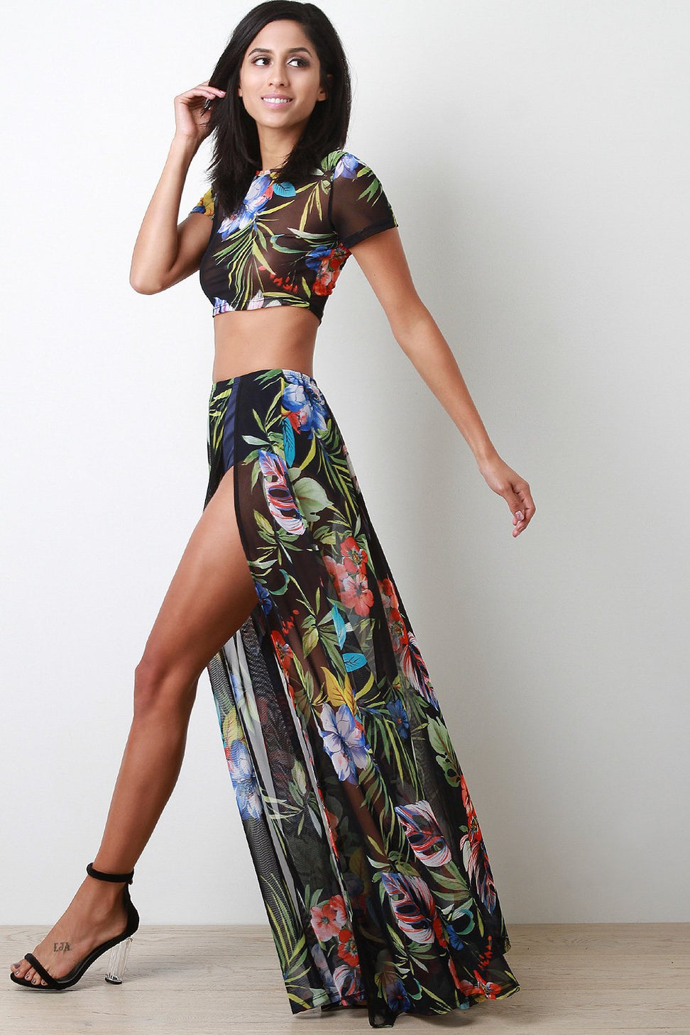 Tropical Print Mesh Short Sleeves Crop Top With Slit Maxi Skirt Set