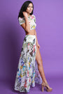 Tropical Print Mesh Short Sleeves Crop Top With Slit Maxi Skirt Set